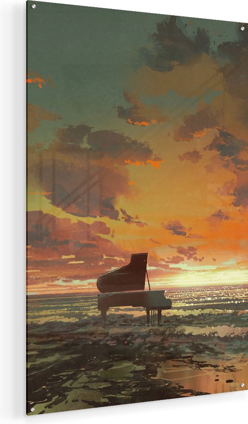Artaza Glasschilderij - Piano op het Strand bij Zonsondergang - 90x135 - Groot - Plexiglas Schilderij - Foto op Glas