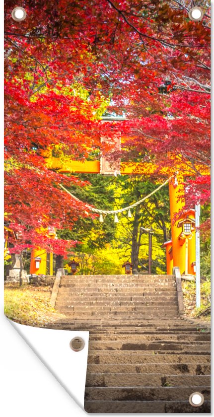 Wanddecoratie buiten Japanse tuin in de herfst - 80x160 cm - Tuindoek - Buitenposter
