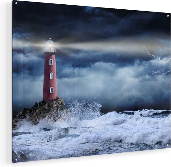 Artaza Glasschilderij - Vuurtoren op een Storm Zee met Golfen Water - Plexiglas Schilderij - Foto op Glas