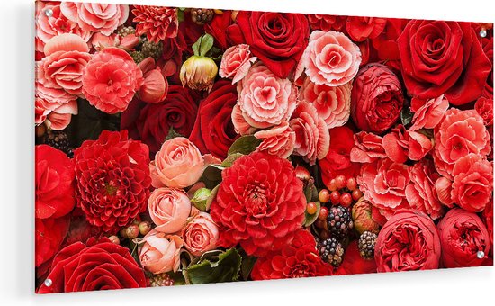 Artaza Glasschilderij - Rode En Roze Bloemen Met Fruit - Abstract - 60x30 - Klein - Plexiglas Schilderij - Foto op Glas