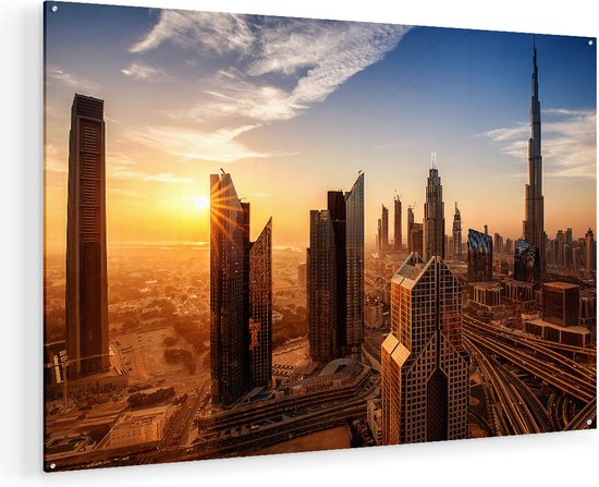 Artaza Glasschilderij - Dubai Stad bij Zonsopgang - 120x80 - Groot - Plexiglas Schilderij - Foto op Glas