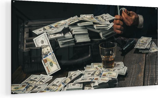 Peinture sur verre Artaza - Billets d'argent en dollars sur la table de la mafia - 140 x 70 - Groot - Peinture en plexiglas - Photo sur Glas