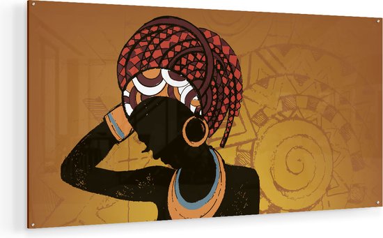 Artaza Glasschilderij - Getekende Afrikaanse Vrouw - Abstract - 140x70 - Groot - Plexiglas Schilderij - Foto op Glas
