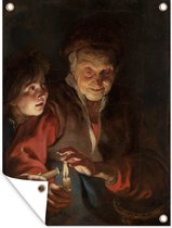 Tuinschilderij Oude vrouw en jongen met kaarsen - Schilderij van Peter Paul Rubens - 60x80 cm - Tuinposter - Tuindoek - Buitenposter