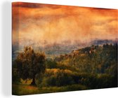 Canvas Schilderij San Gimignano in de mist tijdens de zonsopgang in Toscane - 60x40 cm - Wanddecoratie
