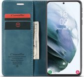 CaseMe Retro Wallet Slim Samsung S21 hoesje blauw - Flipcover - magnetische sluiting - 2 kaarthouders en een vak voor briefgeld
