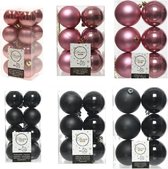 Kerstversiering kunststof kerstballen kleuren mix zwart/oud roze 4-6-8 cm pakket van 68x stuks
