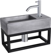 Bally Ravo Fonteinset Beton Donker Grijs Met Mat Zwart Handdoekrek Gebogen Koudwaterkraan Met Afvoerplug En Sifon Chroom
