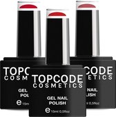 Gellak van TOPCODE Cosmetics - 3 pack gel nagellak - Rood set 5 - 3 x 15 ml flesjes - Ruby Red + Red Salsa + Pure Coral