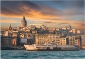 Zicht op een veerboot en de Galatatoren in Istanbul - Foto op Forex - 70 x 50 cm (B2)