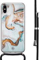 iPhone X/XS hoesje met koord - Marmer blauw goud | Apple iPhone Xs crossbody case | Zwart, Transparant | Marmer