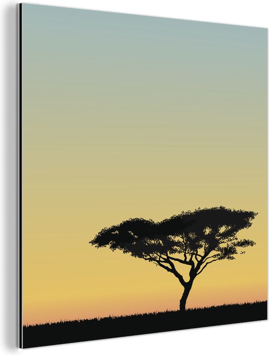 Wanddecoratie Metaal - Aluminium Schilderij Industrieel - Een illustratie van een boom in het Afrikaanse Tanzania - 50x50 cm - Dibond - Foto op aluminium - Industriële muurdecoratie - Voor de woonkamer/slaapkamer