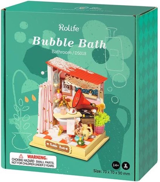 Verpakking van Robotime DIY Huisje Bubble Bath Bathroom DS018, met afbeelding van miniatuur badkamer.