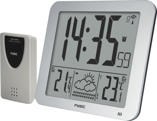 Fysic FKW-2500 Jumbo klok (24,5 x 20,5 cm) met weerstation - Wekker en weerstation - Zilver / Zwart