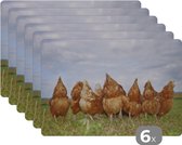 Placemat - Placemats kunststof - Kippen in het veld - 45x30 cm - 6 stuks - Hittebestendig - Anti-Slip - Onderlegger - Afneembaar