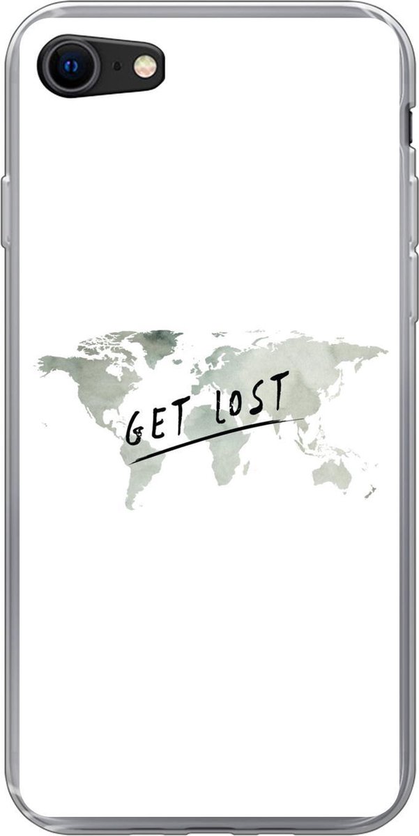 Telefoonhoesje Geschikt voor iPhone 7 hoesje - Wereldkaart - Grijs - Quote - Siliconen Telefoonhoesje Telefoonhoesje