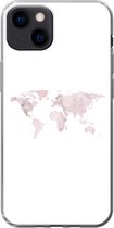 Geschikt voor iPhone 13 hoesje - Wereldkaart - Marmer print - Roze - Siliconen Telefoonhoesje