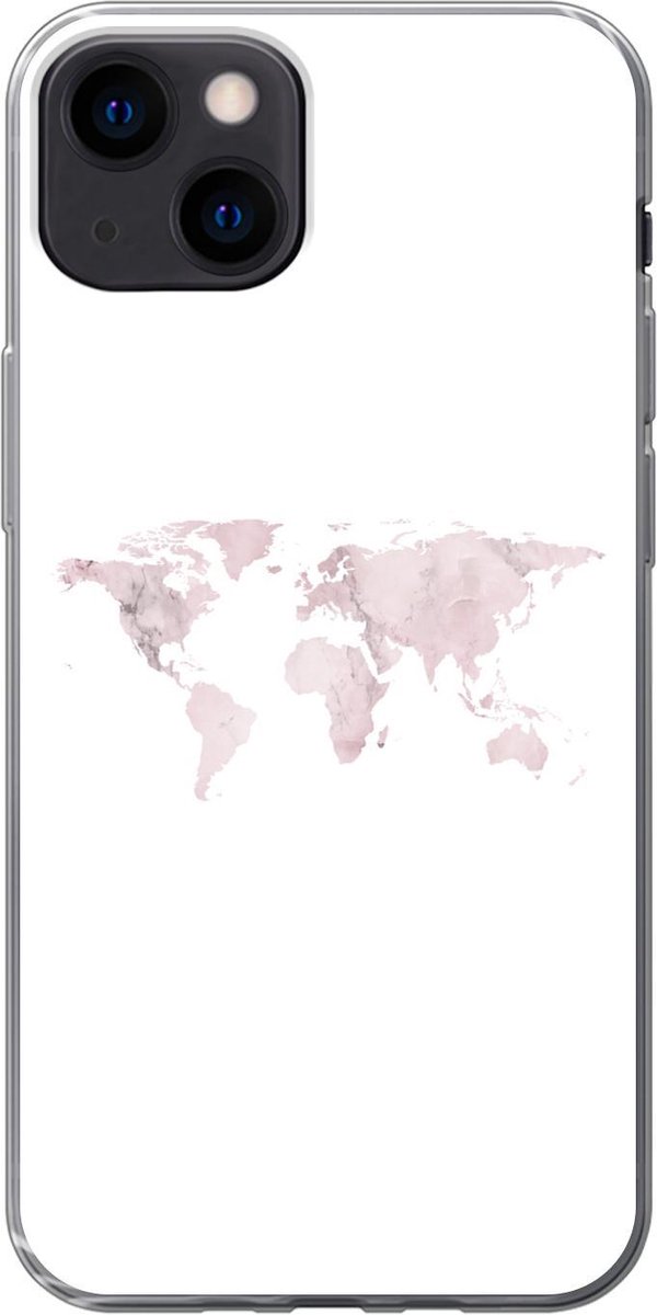 Telefoonhoesje Geschikt voor iPhone 13 hoesje - Wereldkaart - Marmer print - Roze - Siliconen Telefoonhoesje Telefoonhoesje
