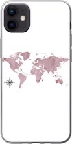 Geschikt voor iPhone 12 mini hoesje - Wereldkaart - Roze - Vliegtuig - Siliconen Telefoonhoesje