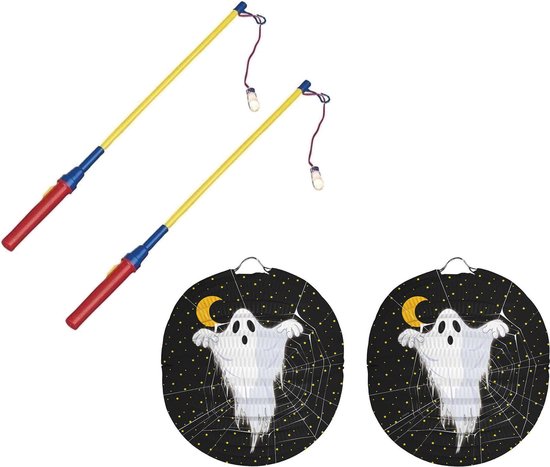 2x stuks ronde lampion 22 cm spook zwart met lampionstokjes – Halloween trick or treat lampionnen versiering