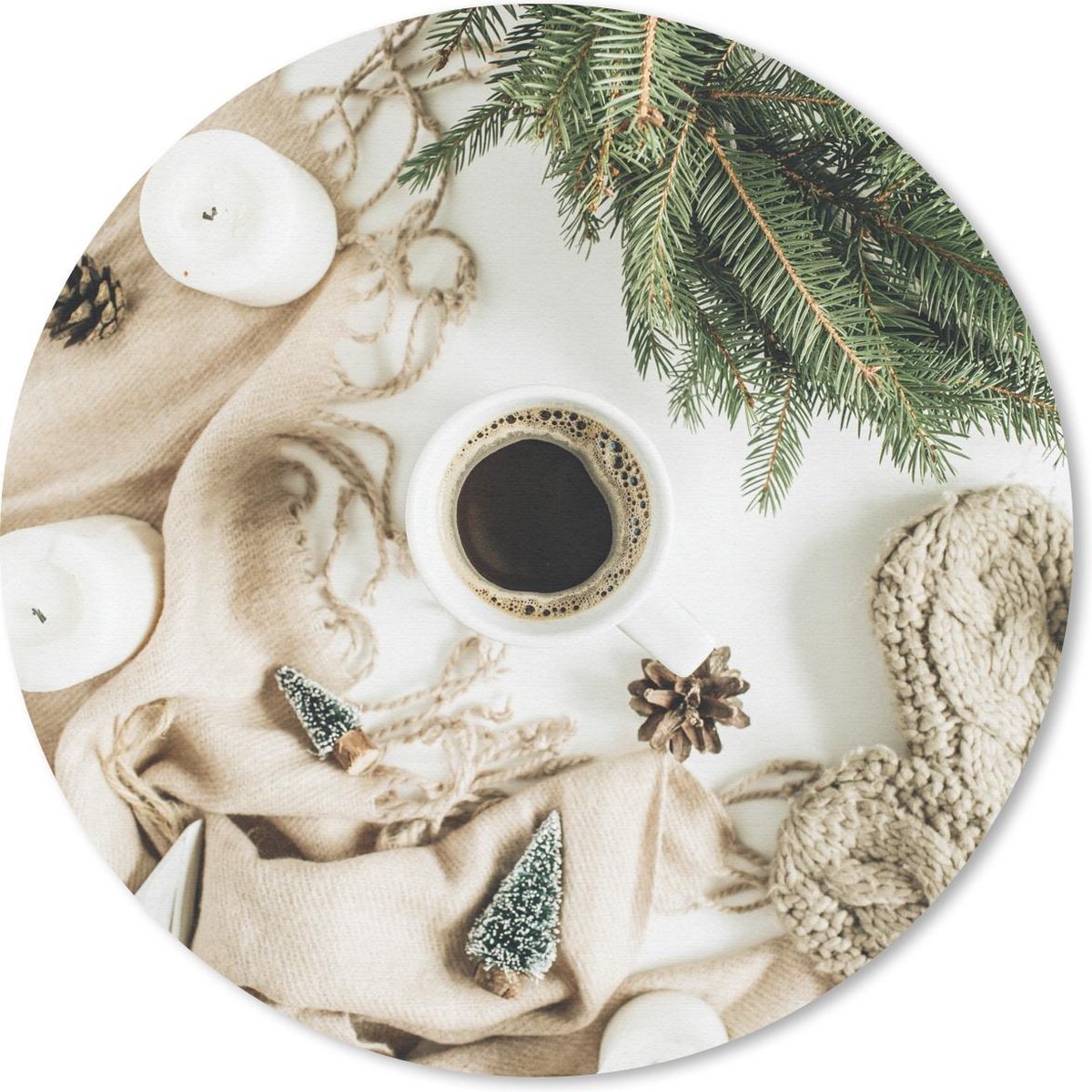 Muismat rond 50x50 cm - Mousepad Winter - Koffie - Dennentak - Ronde muismatten - Kerst - Cadeau - Kerstcadeau voor mannen en voor vrouwen