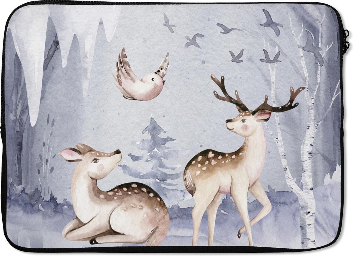 Laptophoes 13 inch - Winter - Hert - Vogel - Sneeuw - Laptop sleeve - Binnenmaat 32x22,5 cm - Zwarte achterkant - Kerst - Cadeau - Kerstcadeau voor mannen en voor vrouwen