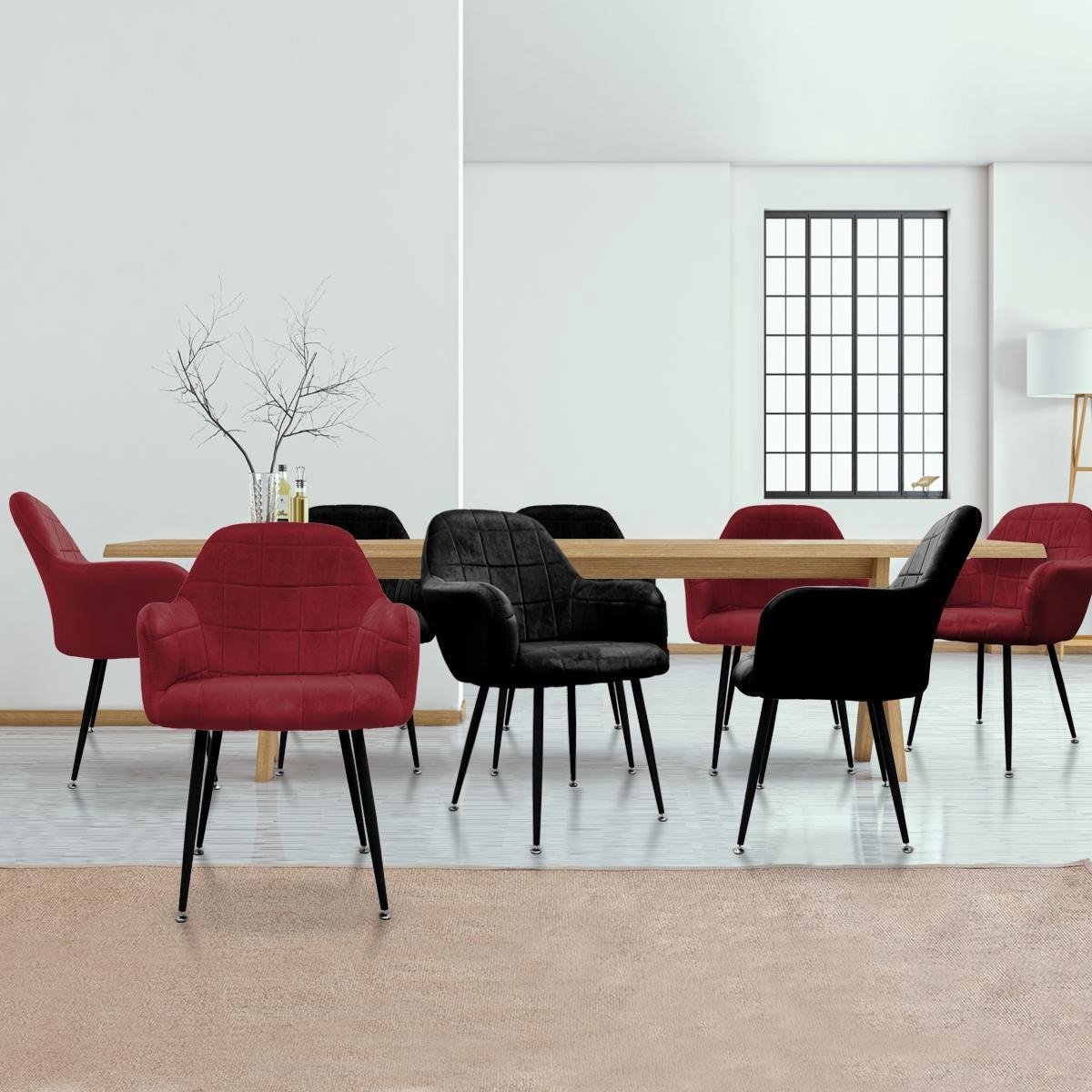 ecd germany Set van 8 eetkamerstoelen eetkamerstoel met rugleuning en armleuningen 4x zwart / 4x bordeaux, fluwelen zitting, metalen poten, keukenstoelen woonkamerstoel gestoffeerde stoel design stoel