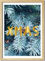 Kerstposter XMAS goudfolie Dennentak A3 + fotolijst blank hout 29,7x42cm