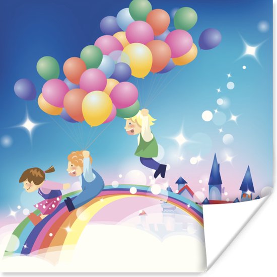 Une illustration d'une fille avec des ballons aux couleurs de l'arc-en-ciel Poster 100x100 cm - Tirage photo sur Poster (décoration murale salon / chambre) / Phénomènes naturels Poster