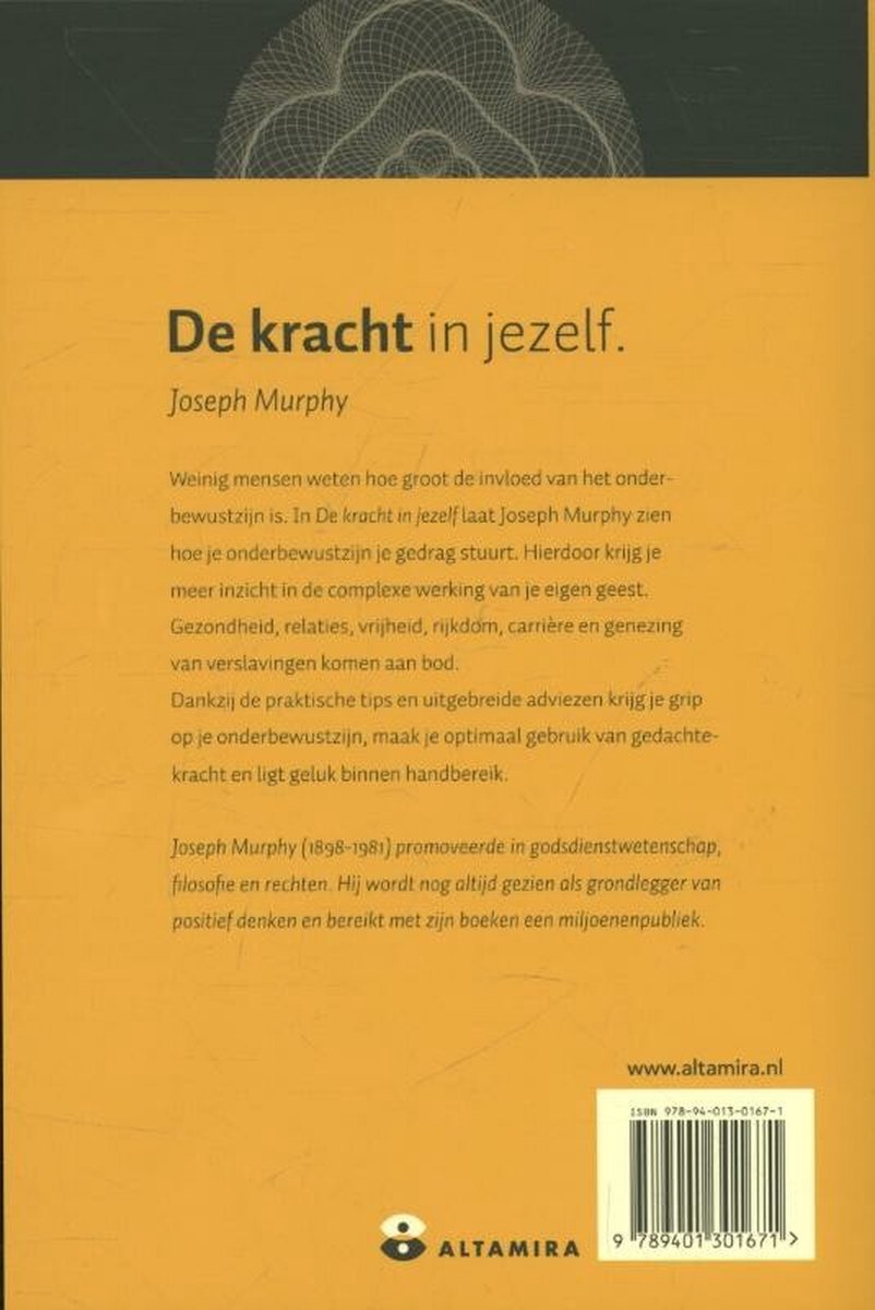Boek 'De kracht in jezelf' van Joseph Murphy. Achterkant met tekst over het onderbewustzijn en ISBN.