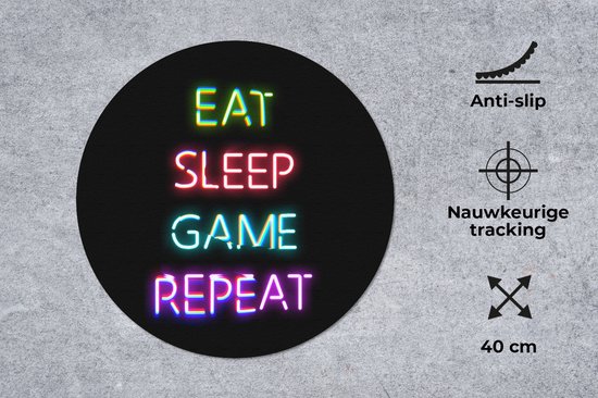 Gaming Muismat - Mousepad - 40x40 cm - Gaming - Led - Quote - Eat sleep game repeat - Gamen - Geschikt voor Gaming Muis en Gaming PC set - Schoolspullen tieners