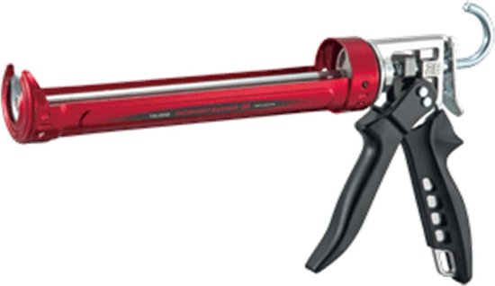 Rood kitpistool met zilveren mechanisme en zwarte handvatten.