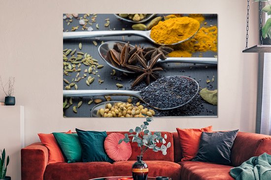 Décoration murale Métal - Peinture Aluminium - Gros plan cuillères aux épices et herbes - 150x100 cm