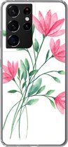 Geschikt voor Samsung Galaxy S21 Ultra hoesje - Bloemen - Waterverf - Roze - Siliconen Telefoonhoesje