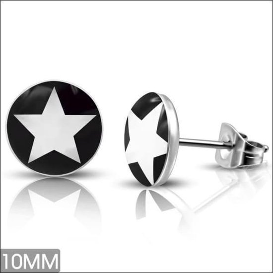 Aramat jewels ® - Ronde zweerknopjes ster wit zwart acryl staal 10mm