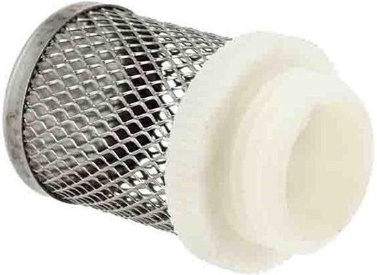 RVS filter met een grofmazig gaas en een witte kunststof aansluiting met buitendraad.