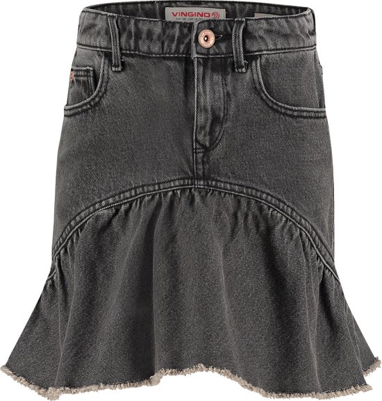 Grijze denim rok met ruches en rafels aan de onderkant. Ritssluiting en knoop. Twee voorzakken.