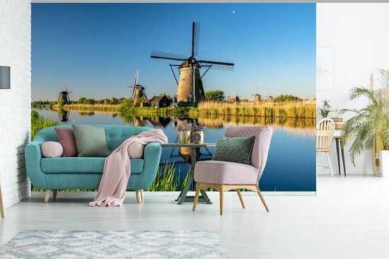 Papier peint - Papier peint Papier peint photo Clear Day aux moulins à vent de Kinderdijk aux Pays- Nederland - Largeur 525 cm x Hauteur 350 cm