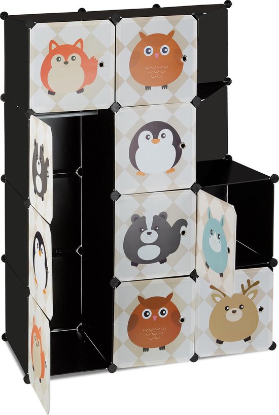 kinderkamer kast met diermotieven - kunststof - steeksysteem - deuren - kledingkast - roede - kleurrijk