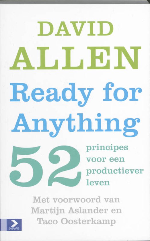 Boekomslag van Ready for Anything door David Allen. Grote blauwe titel op een witte achtergrond, met groene en blauwe tekst.