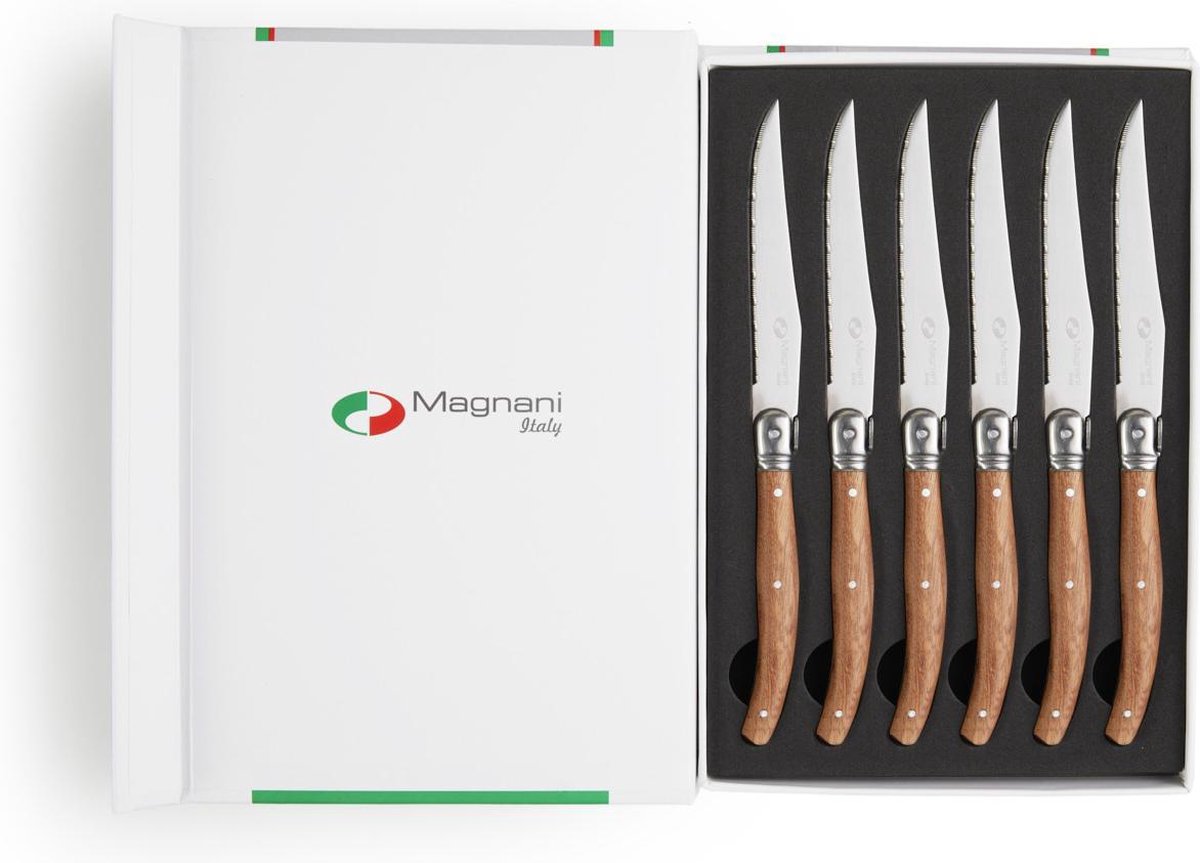 Magnani - 6 Steakmessen - Vleesmes - Sapoli Houten Handgreep - RVS Gekarteld Snijblad - Snijblad Dikte 1,5 mm - Brengt Geen Geur of Smaak Over
