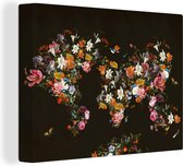 Wanddecoratie Wereldkaart - Bloemen - Insecten - Canvas - 80x60 cm