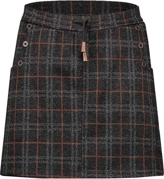 Grijze geruite rok met trekkoord in de taille en decoratieve koperkleurige knopen aan de zijkanten.