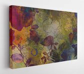 Canvas schilderij - Art graphic and watercolor autumn colorful background with sketching leaves and flowers in blue, old gold, green and black colors  -     1507441358 - 40*30 Hori