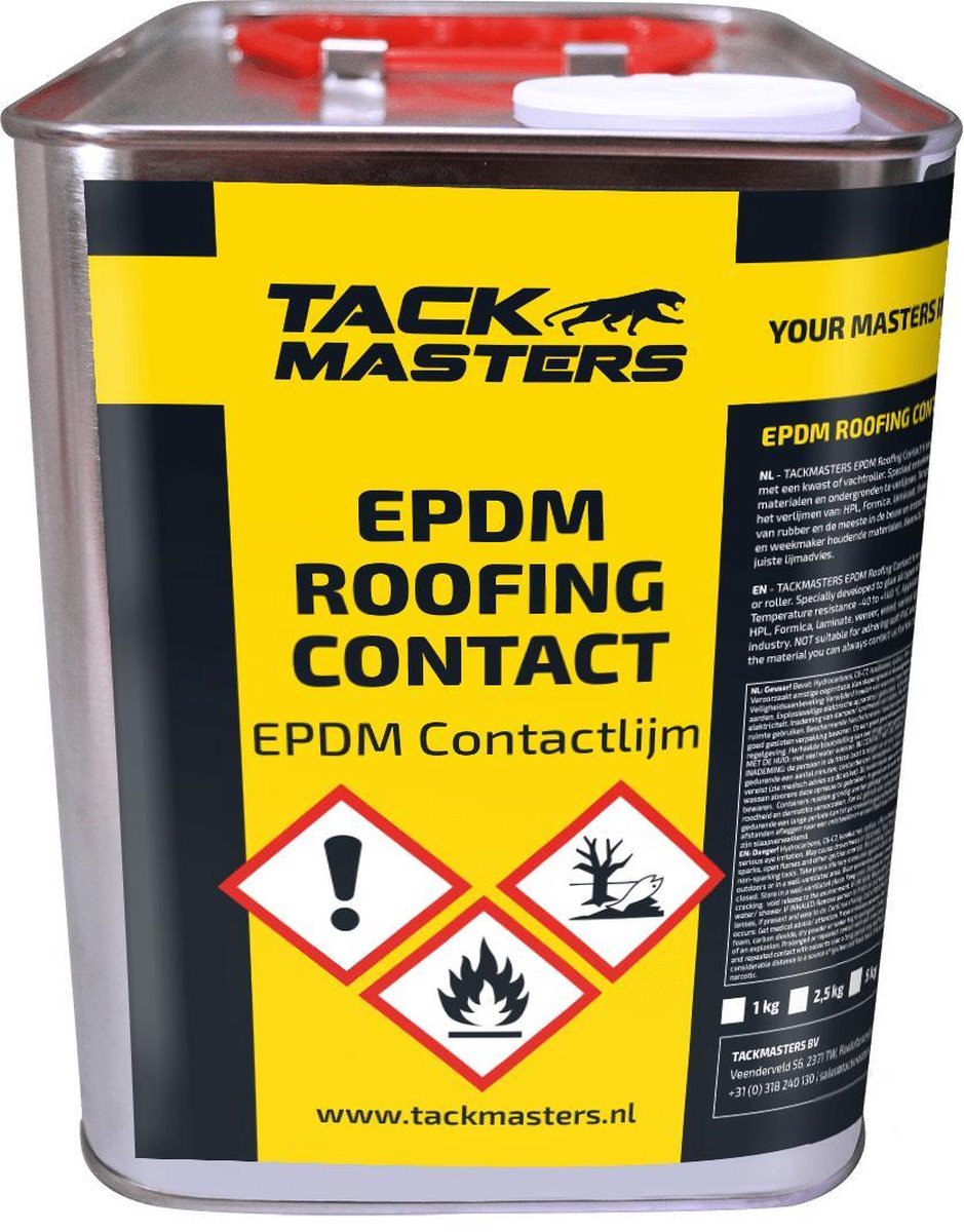 Tackmasters - EPDM contactlijm - 2,5 Liter Blik - EPDM roofing contact - EPDM - EPDM dak - EPDM folie - Europees EPDM - Amerikaans EPDM - Lijm - Daklijm - Contactlijm - Contactlijm in blik - 3,5 m2 per Liter