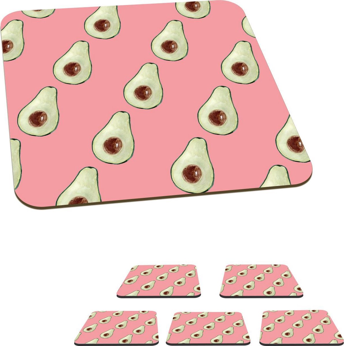 Onderzetters voor glazen - Avocado - Roze - Fruit - 10x10 cm - Glasonderzetters - 6 stuks