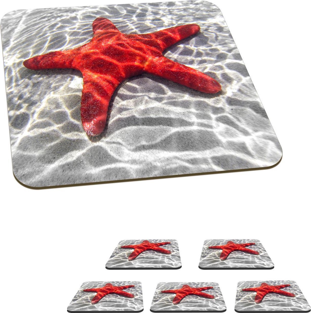 Onderzetters voor glazen - Zeester - Water - Zand - 10x10 cm - Glasonderzetters - 6 stuks