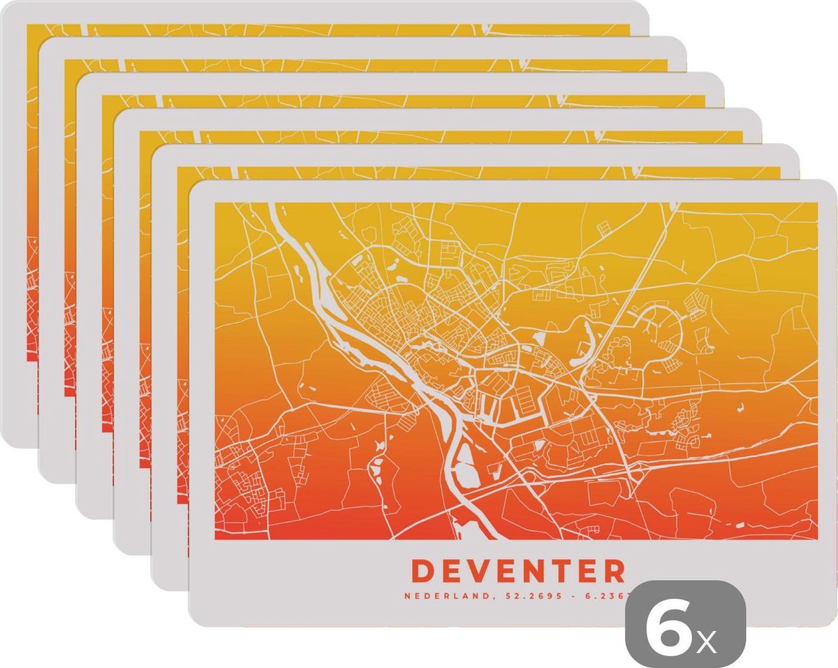 Placemat - Placemats kunststof - Stadskaart - Deventer - Oranje - Geel - 45x30 cm - 6 stuks - Hittebestendig - Anti-Slip - Onderlegger - Afneembaar