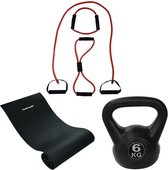 Tunturi - Fitness Set - Kettlebell 6 kg - Fitnessmat 160 x 60 x 0,7 cm - Tubing Set Rood