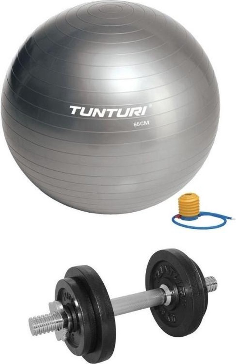 Tunturi - Fitness Set - Halterset 10 kg incl 1 Dumbellstang - Gymball Zilver 65 cm